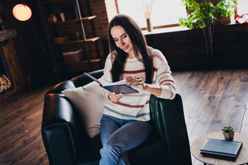 Canvas Print - Photo of good mood sweet lady dressed striped pullover enjoying interesting story indoors house room