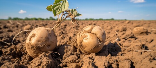 Fototapete - Potato plants withering due to lack of water, in cracked soil during a dry spell impacted by climate change. with copy space image. Place for adding text or design
