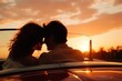 © Yuliia - Couple in a car driving into sunset honeymoon marriage travel retro aesthetic road trip US America destination driving relaxed vacation leisure time date two people friends love relationship sun