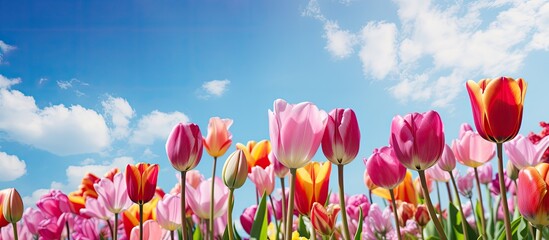 Poster - Spring is when tulips flourish, creating a picturesque scene with their vibrant colors against a backdrop of blue skies and greenery, ideal for a copy space image.