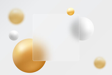 Wall Mural - square banner made of clear glass with 3d gold and white spheres. realistic glass morphism shape.