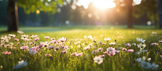 Poster - In early morning light, lovely wildflowers bloom among lush green grass, creating a picturesque scene with copy space image.