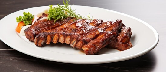 A pork ribs steak displayed on a white square plate with ample copy space image.