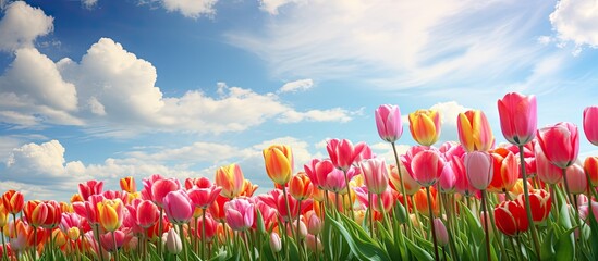 Poster - Spring is when tulips flourish, creating a picturesque scene with their vibrant colors against a backdrop of blue skies and greenery, ideal for a copy space image.