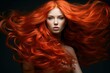© juliars - Portrait of a woman with vibrant red hair flowing dramatically on a dark background