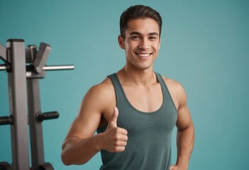 Wall Mural - A smiling man in a tank top at the gym giving a thumbs up, indicating a healthy and active lifestyle.