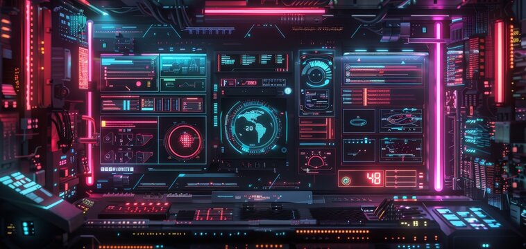 Design a tech interface with a cyberpunk aesthetic, incorporating neon lights, gritty textures, and bold typography for a cutting-edge look