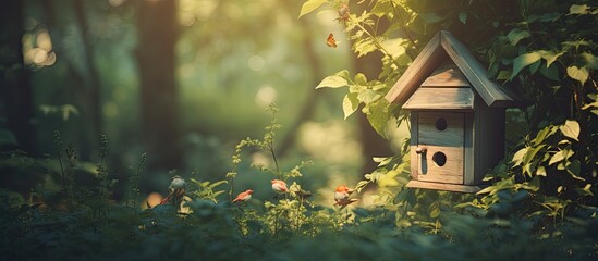 Wall Mural - a charming scene with a birdhouse nestled among tall trees, creating a peaceful natural environment 