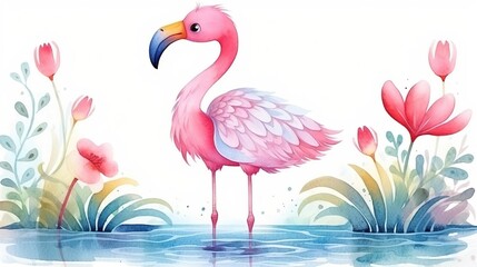 Wall Mural - flamingo in flower garden summertime, watercolor cartoon animal nursery clipart isolated on white background