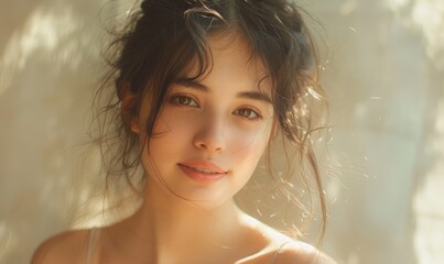 Bathed in ethereal light, a woman leans towards the camera with a gentle smile, her cheeks aglow with subtle color. The simplicity of the scene highlights her natural, radiant beauty.