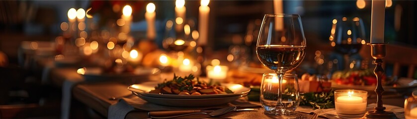 Wall Mural - An elegant, dimly lit shot of a dinner table set with a vegan feast, the warm ambient light creating a cozy atmosphere, panoramic negative space above for minimalist text.