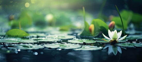 A serene scene with water droplets, backwater rivers, and water lilies creates a beautiful composition with a blurred background for a copy space image.