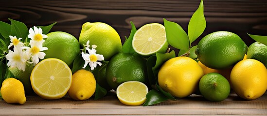Aufkleber - Bright fresh lemons and limes in various colors attractively arranged on a wooden surface with flowers in the background, perfect as a desktop wallpaper with space for labels. with copy space image