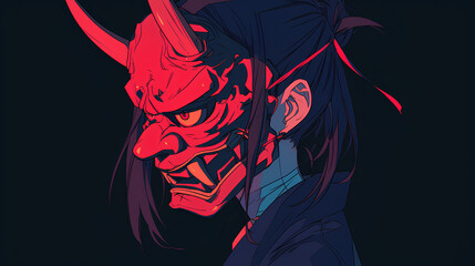 Wall Mural - anime wearing smiling Japanese oni mask with simple background