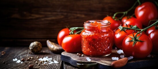 A glass jar containing salted tomatoes on a wooden chopping board with copy space image.