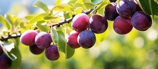 Poster - Harvest of ripe plums on the branch, with copy space image available.