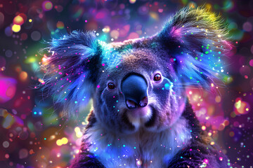 Wall Mural - a cute koala neon dark background 3d rendering