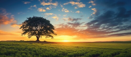 Poster - Summer sunset over a field with trees, offering serene beauty and a calming atmosphere, perfect for a copy space image.