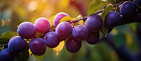 Poster - Harvest of ripe plums on the branch, with copy space image available.