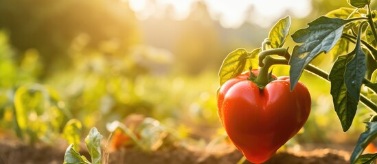 Poster - Close-up shot of a ripe red orange pepper amid a rural garden, with the bright sun in the background and soil scattered on it, indicating a homegrown organic vegetable, with copy space image.