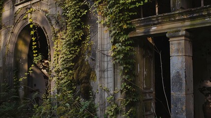 Poster - Close view of an overgrown entrance to a derelict mansion, ivy and moss on stone, dusk light. 