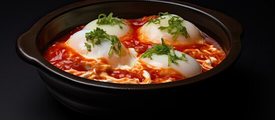 Wall Mural - A plastic bowl containing poached eggs served with red sauce and enoki mushrooms against a plain background with copy space image.