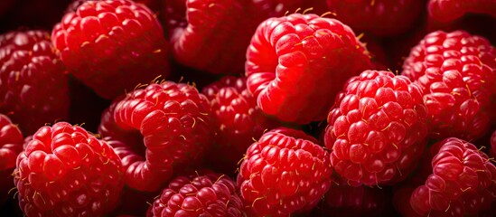 Fototapete - Close-up macro image of red raspberries with copy space image.