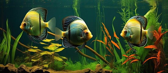 An expansive aquarium split into three sections featuring tropical fish like the barb sumatran, the angelfish, and the tetra, with abundant copy space image.
