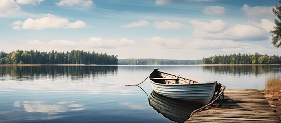 Poster - A boat rests on a wooden dock by a serene Swedish lake with copy space image available.