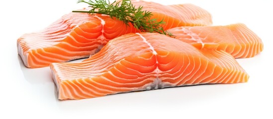 Fototapete - Salmon slices on a white background with copy space image.