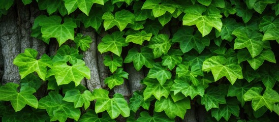 Close-up of a tree trunk with lush green ivy leaves creating a natural background, ideal for copy space image.