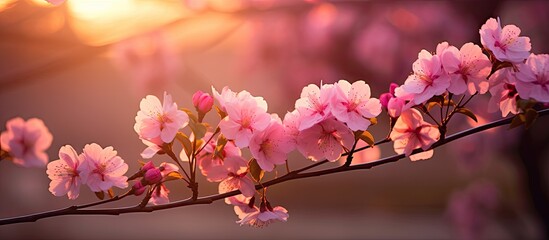 Canvas Print - pink flowers illuminated by the warm glow of the setting sun, with copy space image.