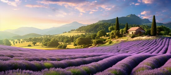 Leinwandbilder - A lavender plantation with blooming lavender bushes, creating a picturesque scene with copy space image.