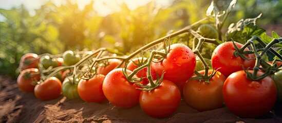 Poster - Partially ripe tomatoes growing in the sun in a small village field, some ready for picking, all organic - depicted in a copy space image.