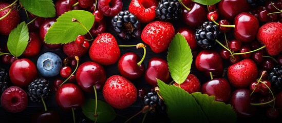 Leinwandbilder - Fresh summer fruits like cherries and red berries displayed in a copy space image.