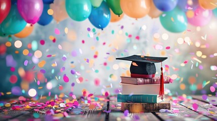 Vibrant and Festive Graduation Background with Colorful Confetti and Balloons. A Stack of Books with Graduation Cap and Diploma on Wooden Surface, Transitioning to Whitespace for Custom Additions