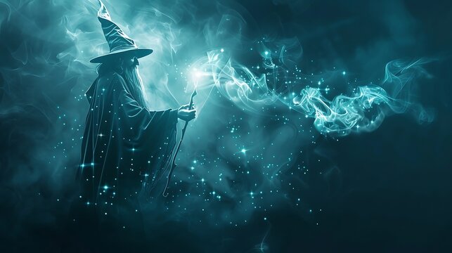 A wizard stands in a dark room, his face hidden by a hood. He is wearing a long black robe and holding a staff in his hands.