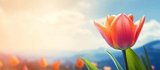 Vibrant orange wild tulip in spring, with a beautiful natural background and copy space image.