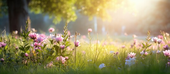 Poster - In early morning light, lovely wildflowers bloom among lush green grass, creating a picturesque scene with copy space image.