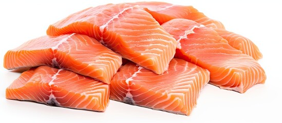 Fototapete - Salmon slices on a white background with copy space image.