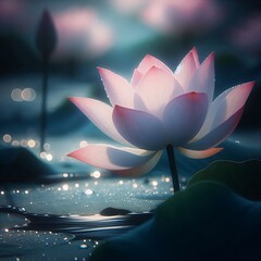 Wall Mural - A vibrant pink lotus flower stands out in serene blue-green waters. 