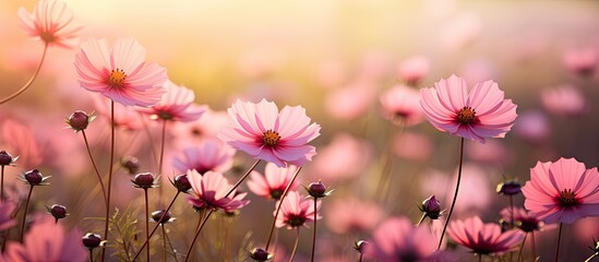 Wall Mural - Pink flowers illuminated by the warm glow of the setting sun, with copy space image.