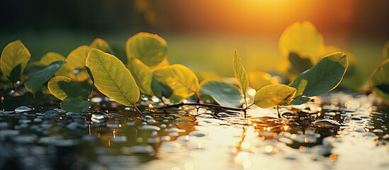 Aufkleber - A sunset illuminating leaves covered in water droplets, creating a picturesque scene with copy space image.