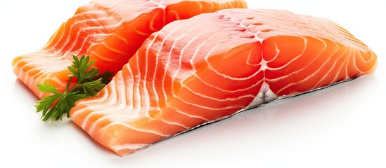 Fototapete - Salmon slices on a white background with copy space image.