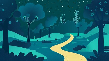 A beautiful landscape image of a park at night. The path is lit by a warm glow, and the trees are a deep blue. The sky is dark and starry.