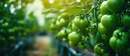 Poster - Green tomatoes plantation with young tomato plants thriving in a greenhouse setting, showcasing organic farming practices in a copy space image.