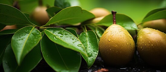 Leinwandbilder - Close-up image of brown sapota fruit surrounded by green leaves with copy space image.