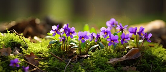 Fototapete - Viola riviniana, commonly known as wood violet, is a small purple flower in a grassy setting with copy space image.