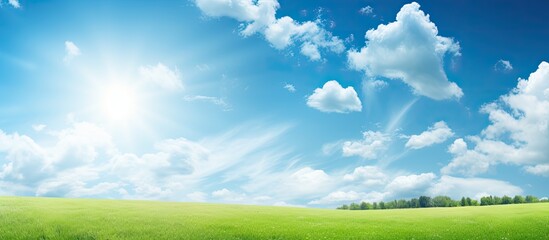 Aufkleber - Sunny day with green field, blue sky, and sun in copy space image.