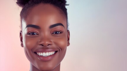 A close-up portrait of a smiling Black woman with flawless makeup, perfect for a beauty campaign